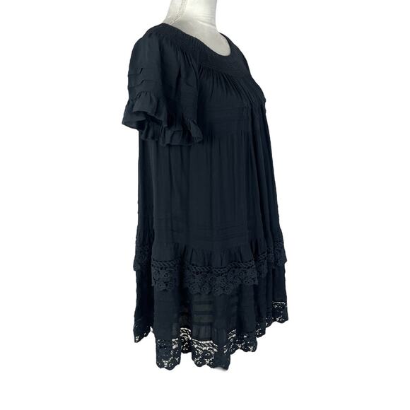 1st Sight Black Boho Off-The-Shoulder Tiered Mini Dress Lace Trim Size Small - Picture 2 of 7